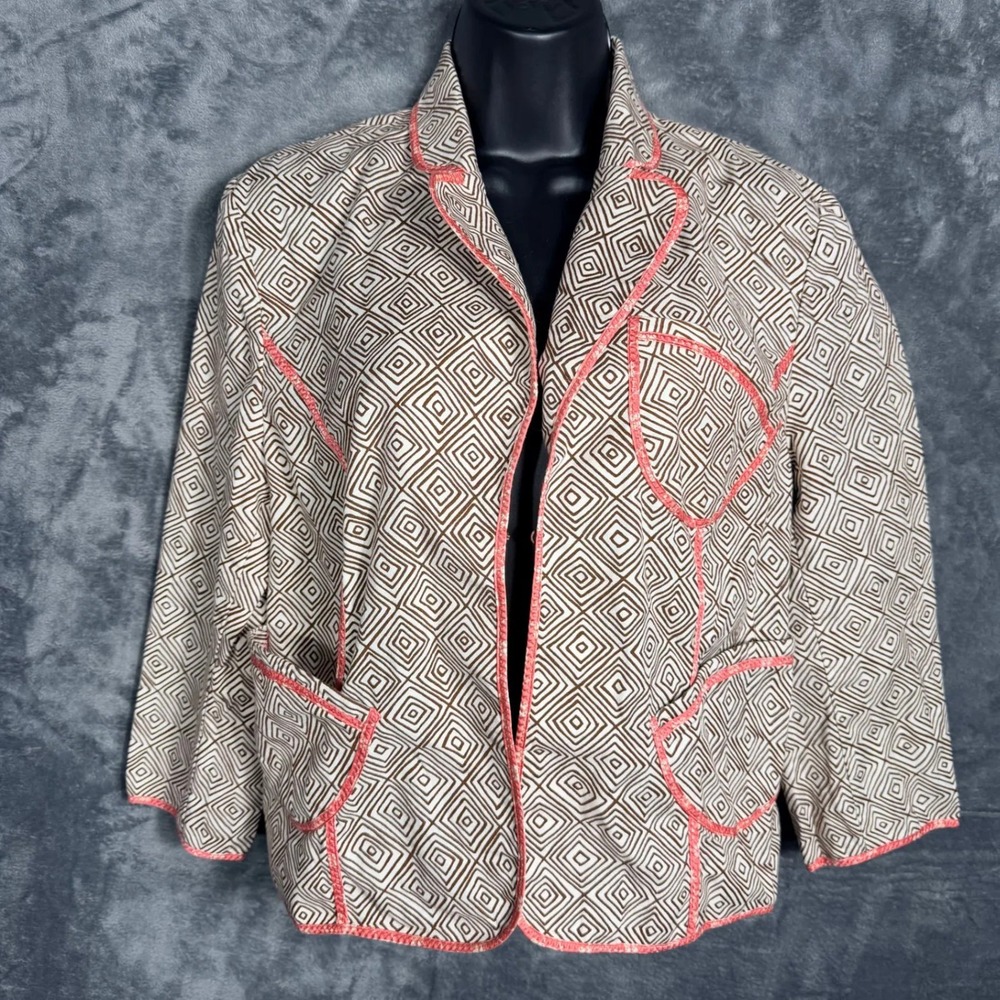 The Limited Womens Blazer Jacket L Brown Geometric Print Open Front Cotton‎